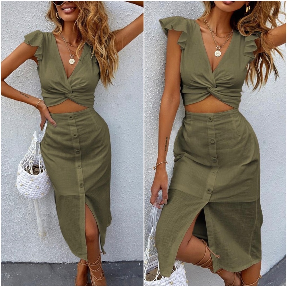 Boho Army Green V Neck Twist Ruffle Crop Top Skirt set - Picture 1 of 3